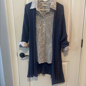 Coldwater Creek 1X Blue Cardigan with Floral Blouse